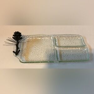 Bubble Glass Textured Divided Dish W Metal Pinecone Design